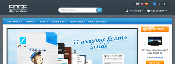 CS-Cart Edge Store. Restrained design, dark color range and lack of frills for digital and gadgets stores.